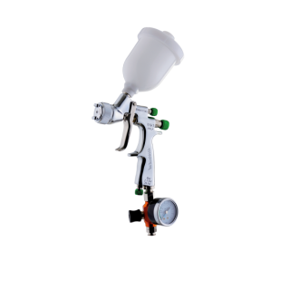 Walcom EGO Carbonio HVLP Mini-Fließbecherpistole 75 +180 ml mit Manometer, Regulator + Wunschdüse: 0,5 - 0,7 - 1,0 - 1,2 - 1,4 mm
